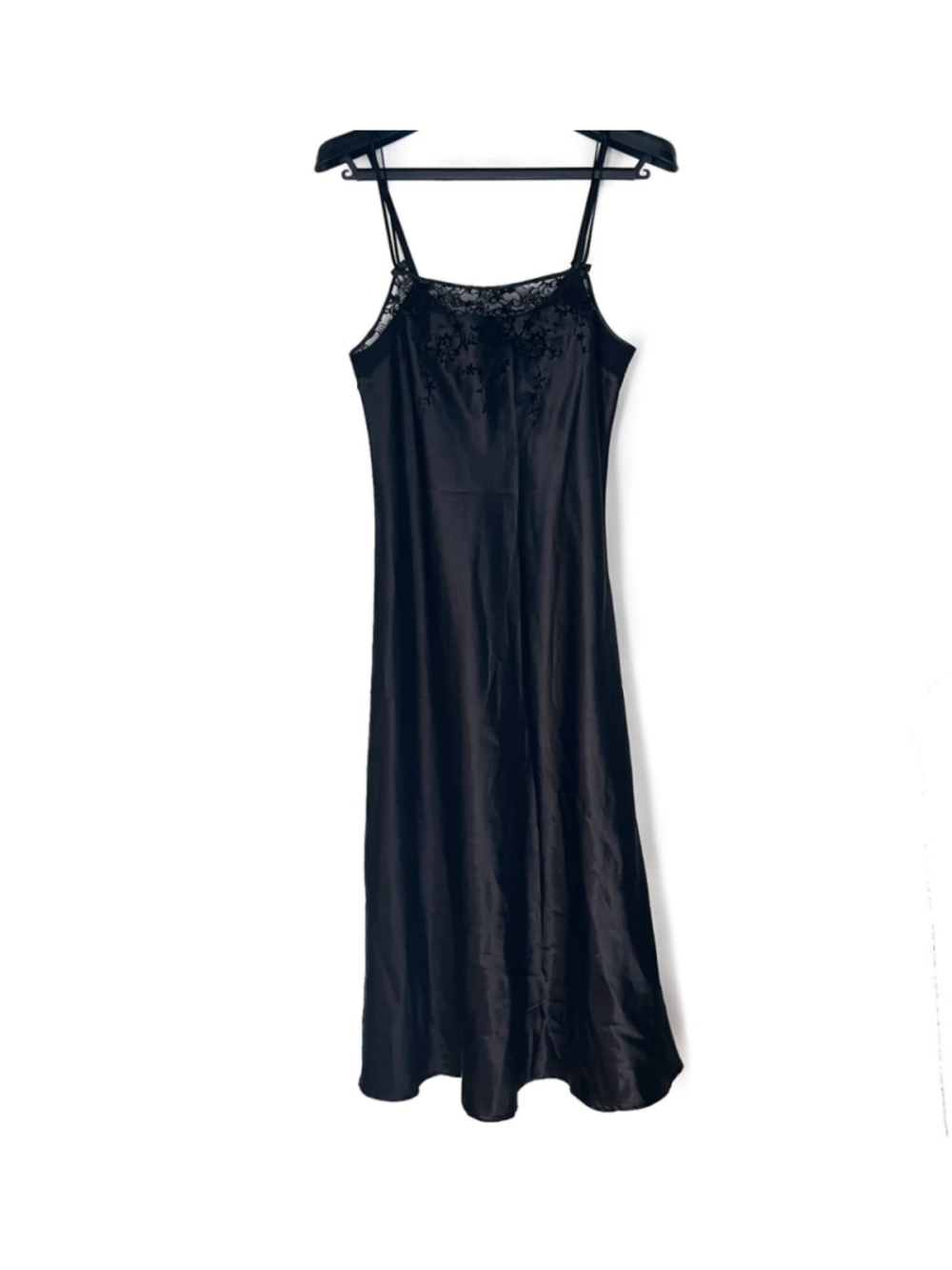 Oscar De La Renta Black Lingerie Long Nightgown Lace Pink Label Sz L Whimsigoth